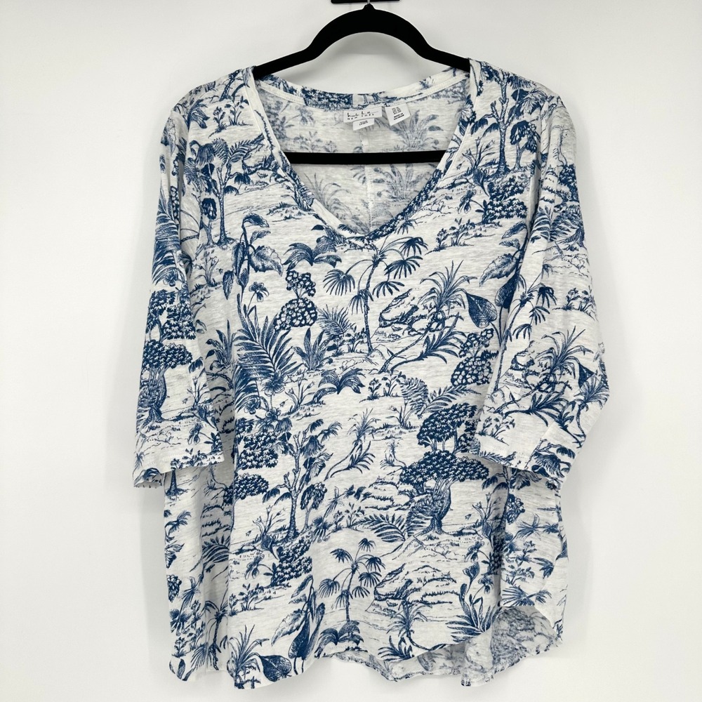 Nicole Miller 100% Linen Tropical Toile Short Sleeve Top Summer Vacation Boho 1X